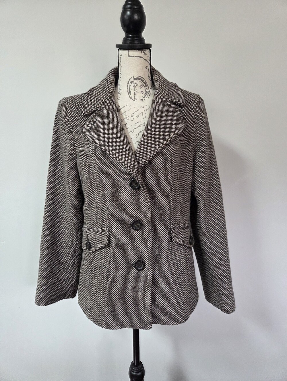 Women's Herringbone Wool-Blend Button Jacket - Brown Size Large